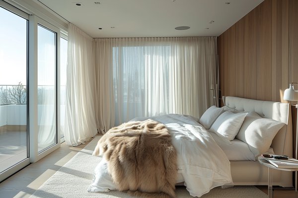 Bedroom with ocean view and sheer curtains