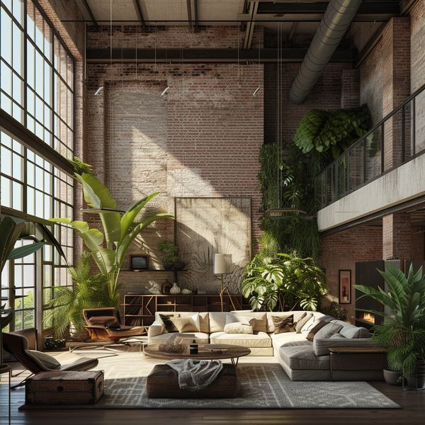 Industrial loft living space with brick and plants