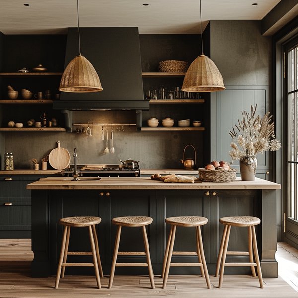 Kitchen with green cabinetry and pendant lighting
