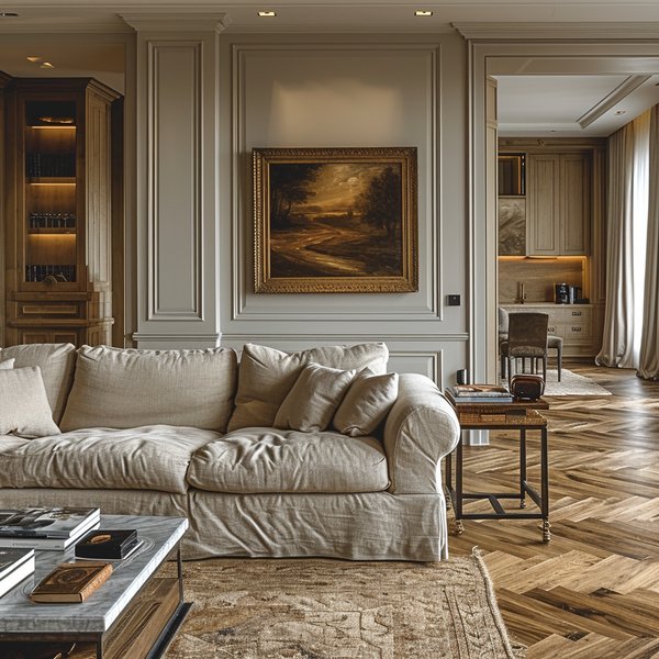 Living room with classic parquet flooring