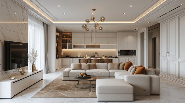 Open-plan neutral-toned living room