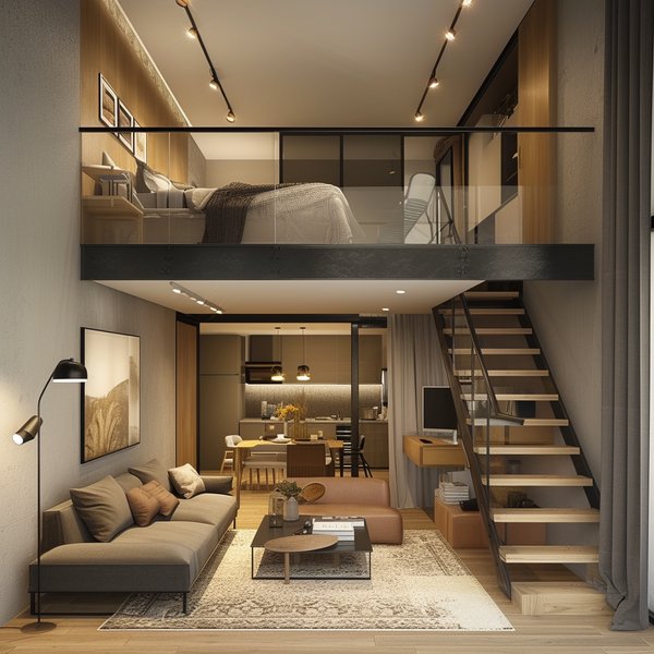 Loft bedroom with mezzanine level