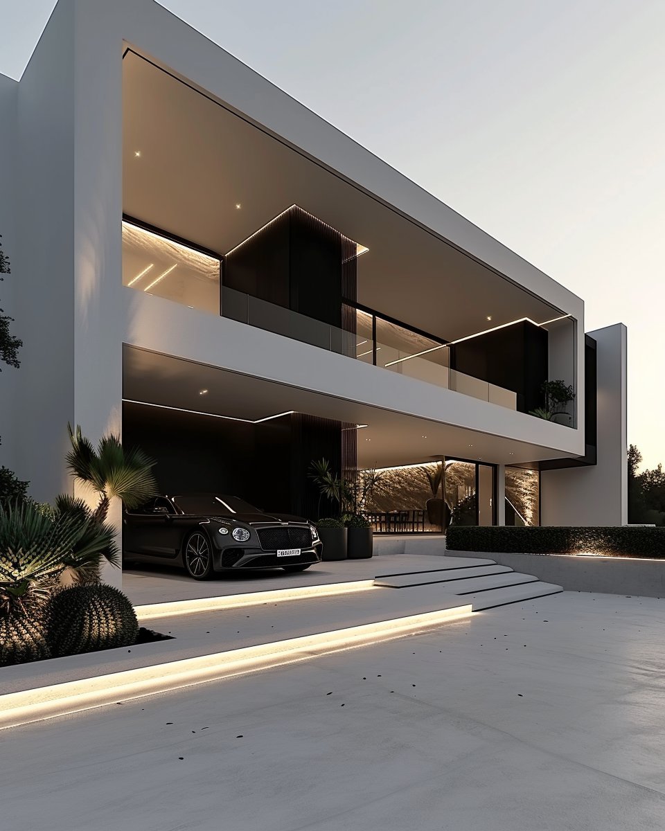 Modern mansion exterior at night
